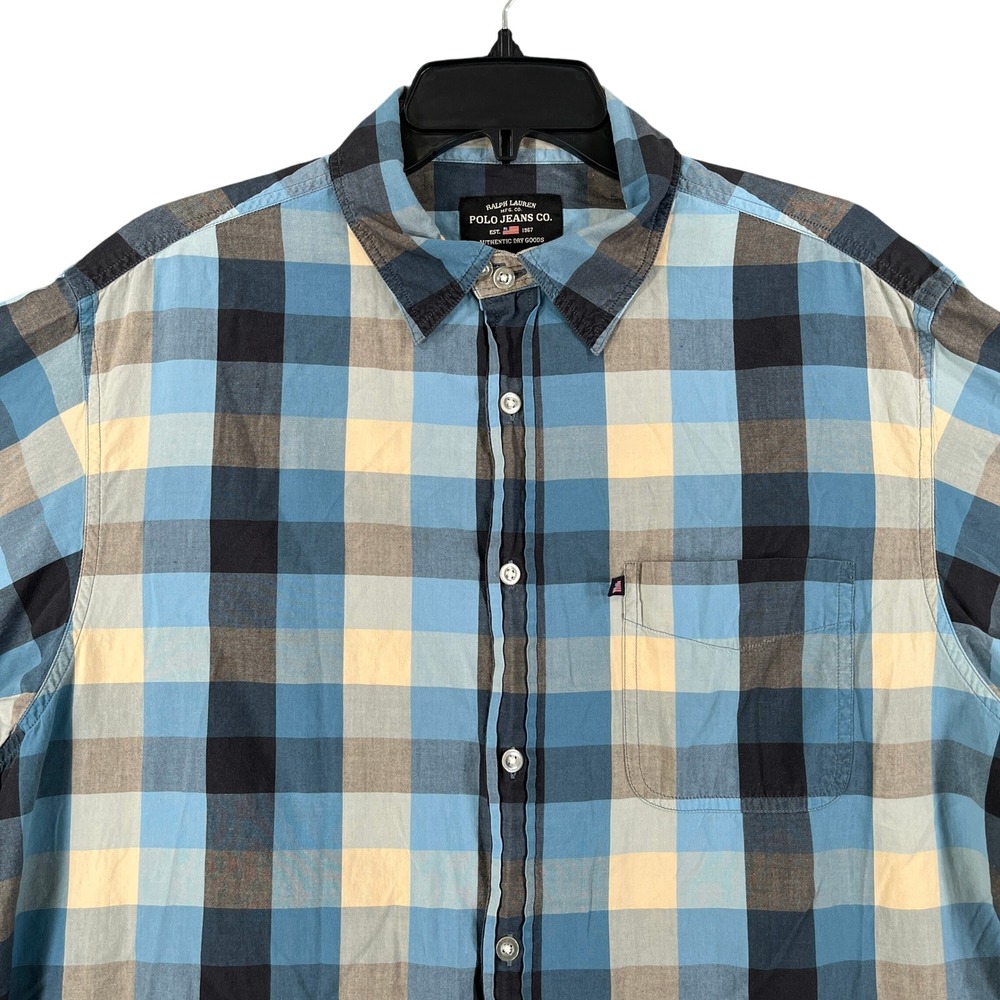 Vintage 90s Ralph Lauren Polo Jeans Co Button Shirt Mens L Plaid Cotton Pocket